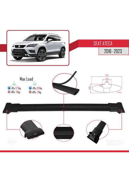 Seat Ateca 2016 ve Sonrası ile Uyumlu Fly Model Ara Atkı Tavan Barı Siyah 3 Adet Bar