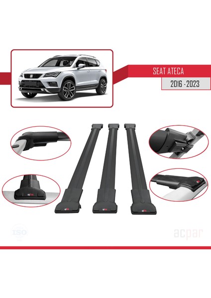 Seat Ateca 2016 ve Sonrası ile Uyumlu Fly Model Ara Atkı Tavan Barı Siyah 3 Adet Bar