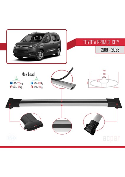 Toyota Proace City 2019 ve Sonrası ile Uyumlu Fly Model Ara Atkı Tavan Barı Gri 3 Adet Bar