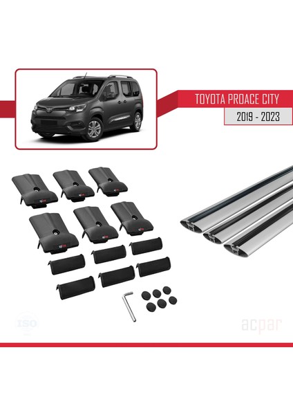 Toyota Proace City 2019 ve Sonrası ile Uyumlu Fly Model Ara Atkı Tavan Barı Gri 3 Adet Bar