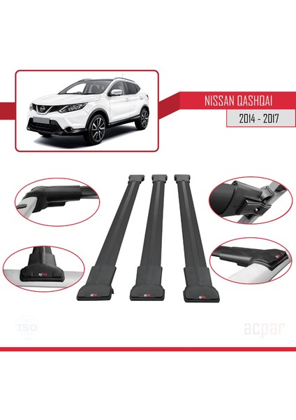 Nissan Qashqai 2014-2017 Arası ile Uyumlu Fly Model Ara Atkı Tavan Barı Siyah 3 Adet Bar fırsatları