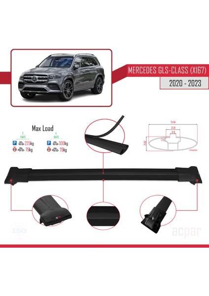 Mercedes Gls-Class (X167) 2020 ve Sonrası ile Uyumlu Fly Model Ara Atkı Tavan Barı Siyah 3 Adet Bar