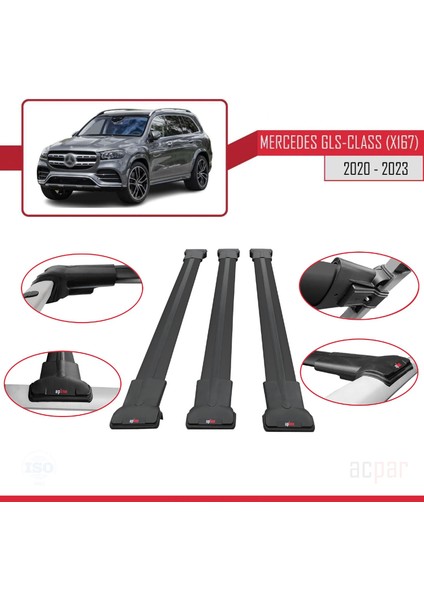 Mercedes Gls-Class (X167) 2020 ve Sonrası ile Uyumlu Fly Model Ara Atkı Tavan Barı Siyah 3 Adet Bar