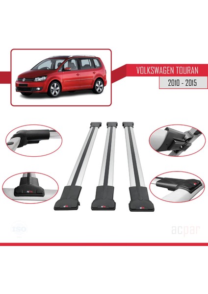 Volkswagen Touran 2010-2015 Arası ile Uyumlu Fly Model Ara Atkı Tavan Barı Gri 3 Adet Bar