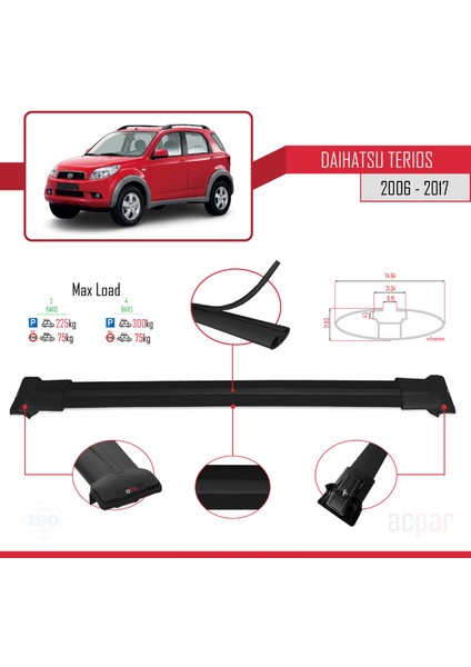 Daihatsu Terios 2006-2017 Arası ile Uyumlu Fly Model Ara Atkı Tavan Barı Siyah 3 Adet Bar
