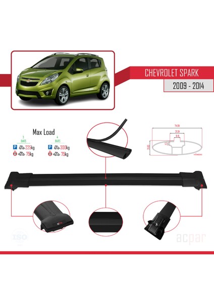 Chevrolet Spark 2009-2014 Arası ile Uyumlu Fly Model Ara Atkı Tavan Barı Siyah 3 Adet Bar