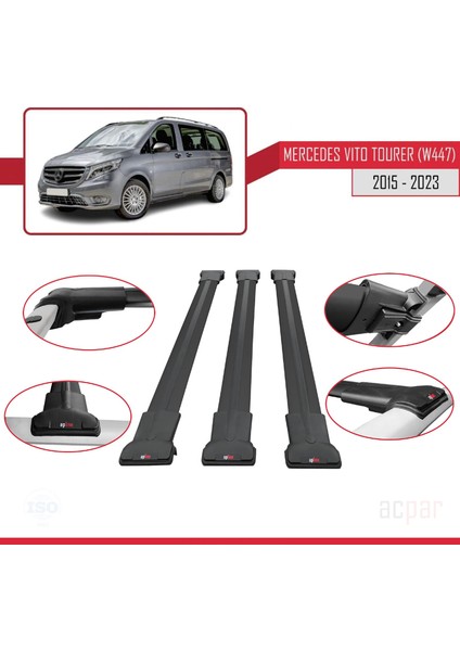 Mercedes Vito Tourer (W447) 2015 ve Sonrası ile Uyumlu Fly Model Ara Atkı Tavan Barı Siyah 3 Adet Bar fırsatları