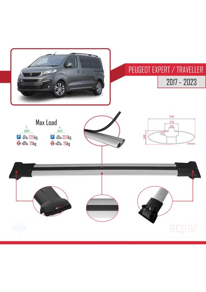 Peugeot Expert - Traveller 2017 ve Sonrası ile Uyumlu Fly Model Ara Atkı Tavan Barı Gri 3 Adet Bar
