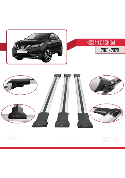 Nissan Qashqai 2017-2020 Arası ile Uyumlu Fly Model Ara Atkı Tavan Barı Gri 3 Adet Bar