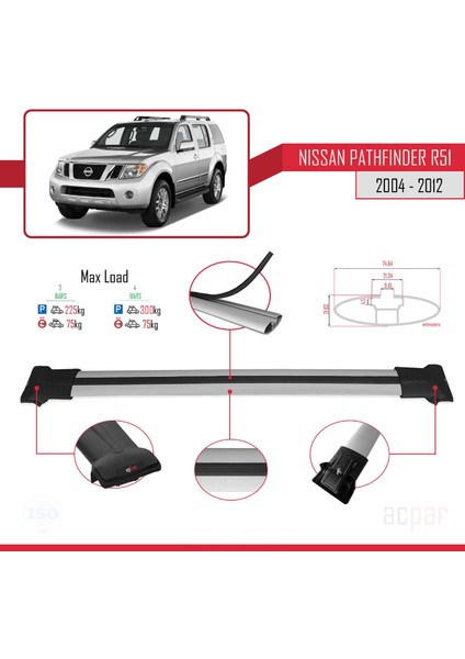 Nissan Pathfinder (R51) 2004-2012 Arası ile Uyumlu Fly Model Ara Atkı Tavan Barı Gri 3 Adet Bar