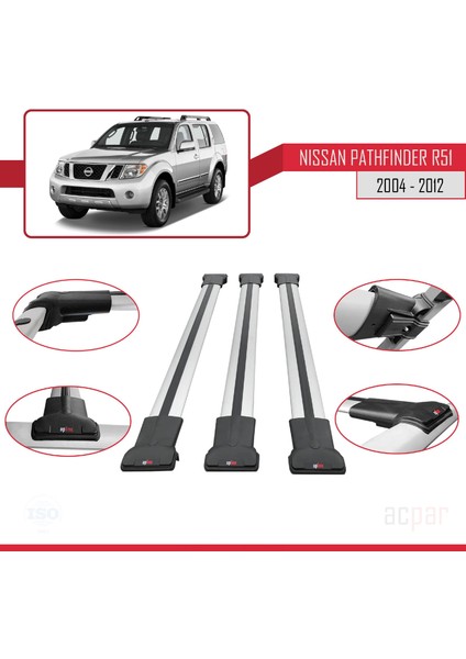 Nissan Pathfinder (R51) 2004-2012 Arası ile Uyumlu Fly Model Ara Atkı Tavan Barı Gri 3 Adet Bar