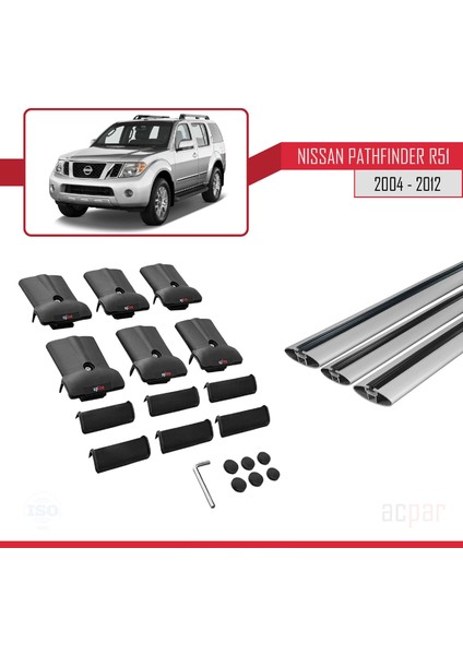 Nissan Pathfinder (R51) 2004-2012 Arası ile Uyumlu Fly Model Ara Atkı Tavan Barı Gri 3 Adet Bar