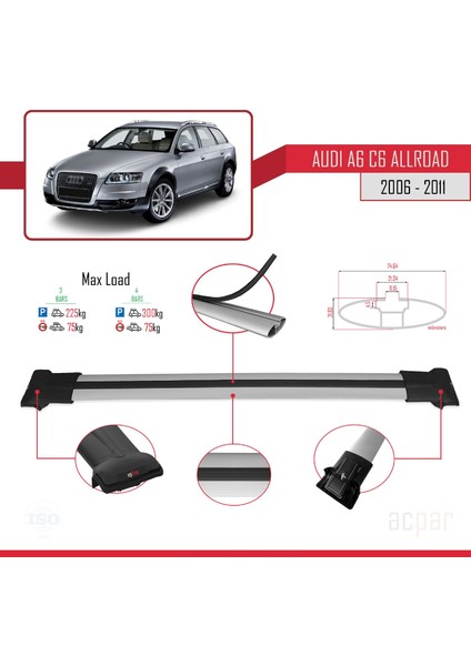Audi A6 (C6) Allroad 2006-2011 Arası ile Uyumlu Fly Model Ara Atkı Tavan Barı Gri 3 Adet Bar modelleri