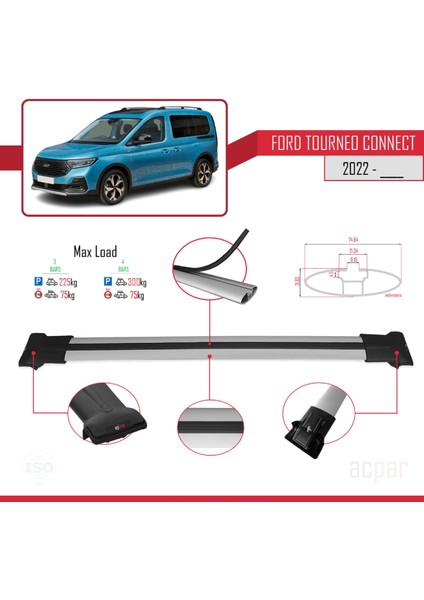Ford Turneo Connect 2022 ve Sonrası ile Uyumlu Fly Model Ara Atkı Tavan Barı Gri 3 Adet Bar modelleri