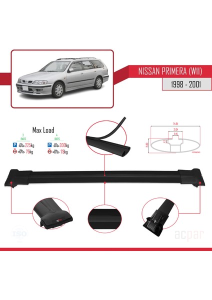 Nissan Primera (W11) 1998-2001 Arası ile Uyumlu Fly Model Ara Atkı Tavan Barı Siyah 3 Adet Bar