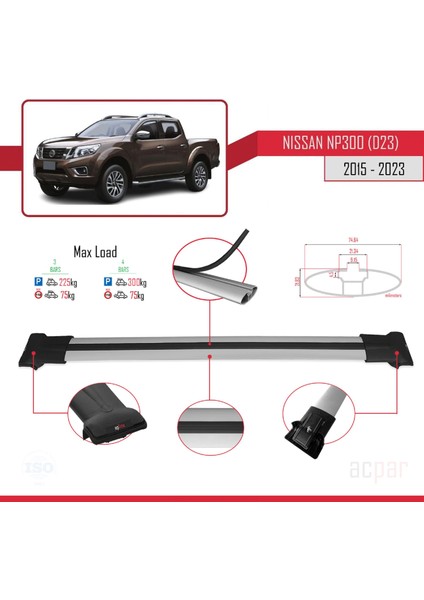 Nissan NP300 (D23) 2015 ve Sonrası ile Uyumlu Fly Model Ara Atkı Tavan Barı Gri 3 Adet Bar