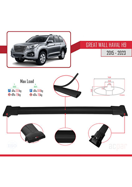 Great Wall Haval H9 2015 ve Sonrası ile Uyumlu Fly Model Ara Atkı Tavan Barı Siyah 3 Adet Bar