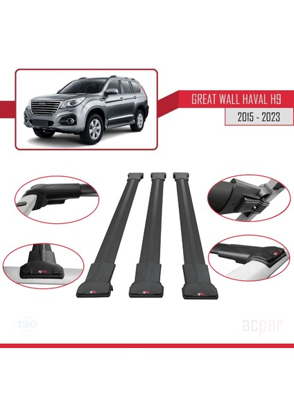 Great Wall Haval H9 2015 ve Sonrası ile Uyumlu Fly Model Ara Atkı Tavan Barı Siyah 3 Adet Bar