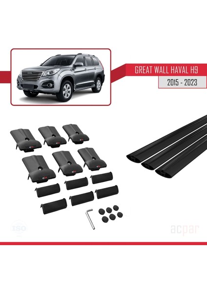 Great Wall Haval H9 2015 ve Sonrası ile Uyumlu Fly Model Ara Atkı Tavan Barı Siyah 3 Adet Bar