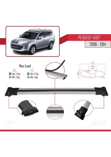 Peugeot 4007 2006-2014 Arası ile Uyumlu Fly Model Ara Atkı Tavan Barı Gri 3 Adet Bar modelleri