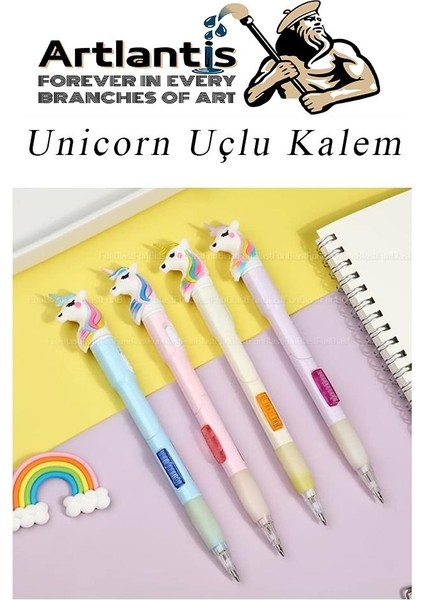 Işıklı Unicorn Uçlu Kalem Seti Mavi 0.7 mm 1 Paket Unicorn Başlıklı Versatil Kalem Süslü Silikonlu Hediyelik Kalem