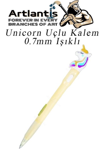 Işıklı Unicorn Uçlu Kalem Seti Sarı 0.7 mm 1 Paket Unicorn Başlıklı Versatil Kalem Süslü Silikonlu Hediyelik Kalem