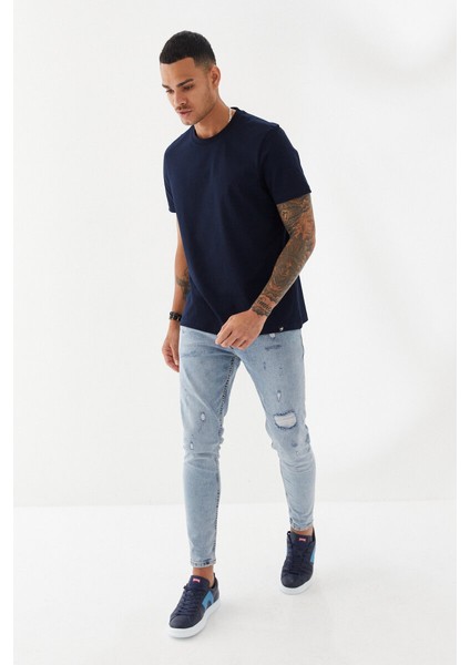 Etek Ucu Ebabil Silüet Baskı Düz Desen Bisiklet Yaka Regular Fit Tişört Lacivert