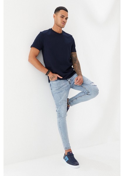 Etek Ucu Ebabil Silüet Baskı Düz Desen Bisiklet Yaka Regular Fit Tişört Lacivert modelleri