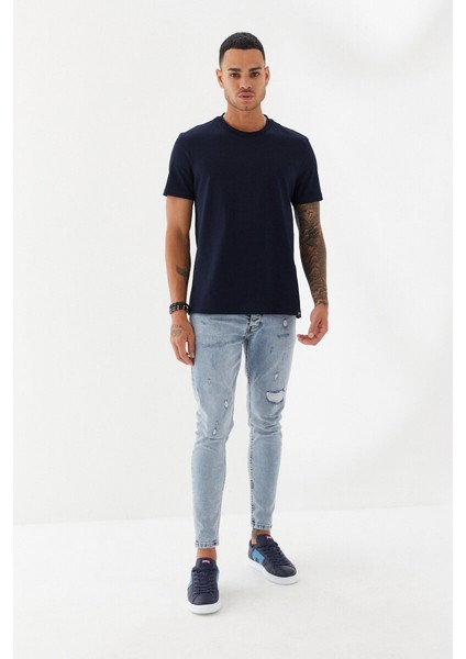 Etek Ucu Ebabil Silüet Baskı Düz Desen Bisiklet Yaka Regular Fit Tişört Lacivert fırsatları