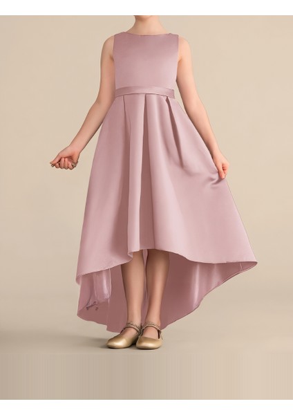 Kız Çocuk Pudra Renk Asimetrik Etek Detaylı Sade Şık Saten Balo Doğum Günü Balo Mezuniyet Elbise