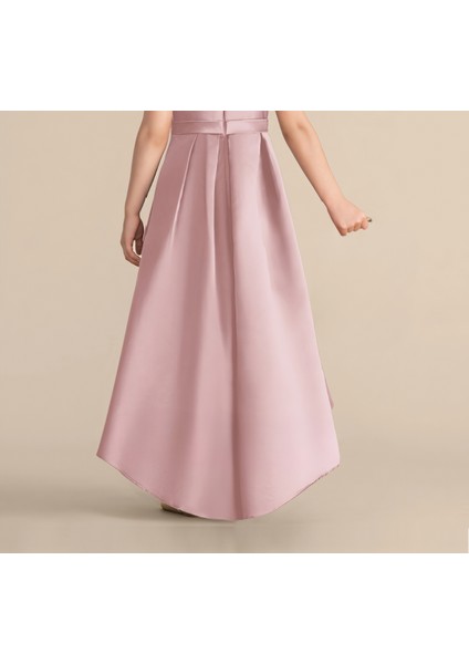 Kız Çocuk Pudra Renk Asimetrik Etek Detaylı Sade Şık Saten Balo Doğum Günü Balo Mezuniyet Elbise fiyatları
