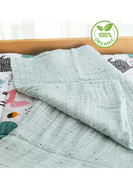 Organik Çok Amaçlı 80 x 80 cm Müslin Çocuk ve Bebek Örtüsü Mint Yeşili Nokta Desenli Battaniye