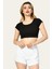 Likralı Kaşkorse Yuvarlak Yaka Kadın Crop Top - Siyah Siyah - L 1