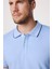 Erkek Polo Yaka Slim Fit Yaka ve Kol Şeritli Pike Mavi Tişört 1