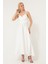 Kadın Beyaz Ip Askılı Bel Kemerli Saten Midi Abiye & Mezuniyet Elbisesi 1