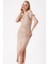 Kadın Bej Yırtmaçlı Yazlık Örme Elbise HZL23S-BD123961 2