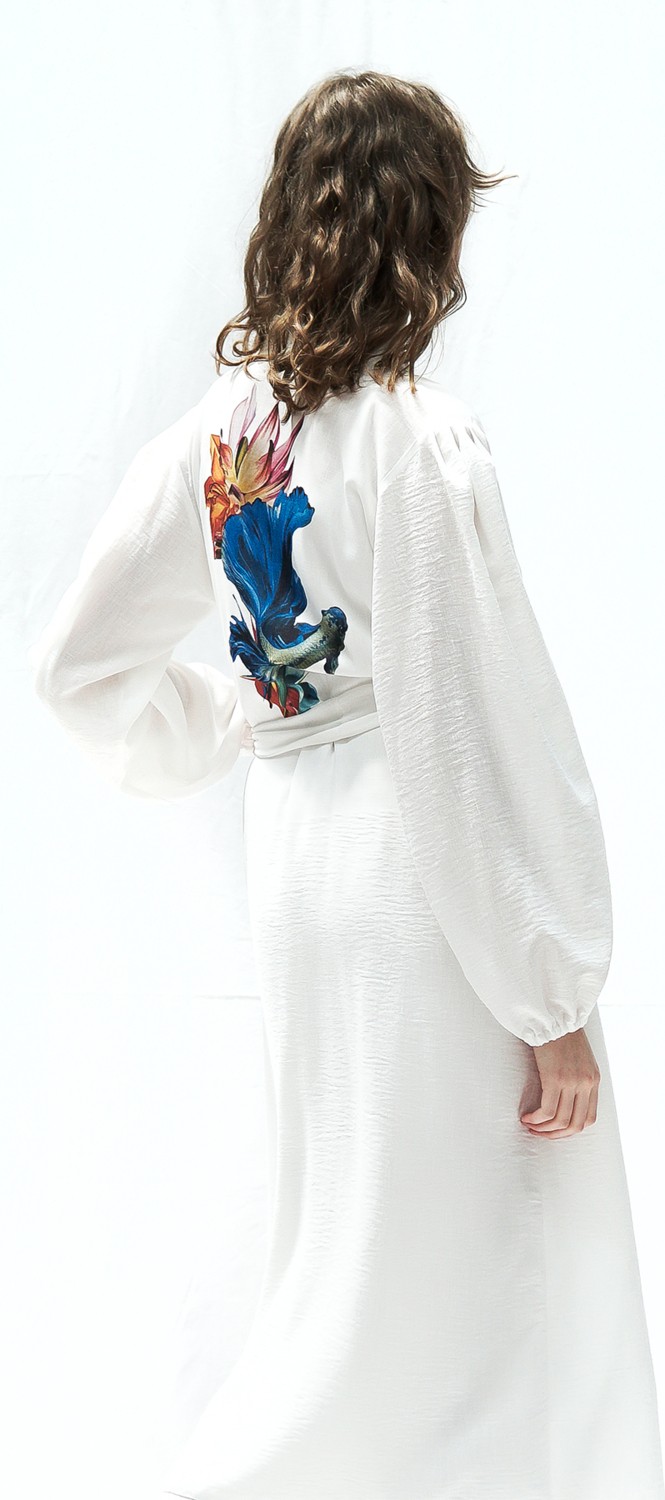 Mita Concept %100 Keten Beyaz Balon Kol Kimono