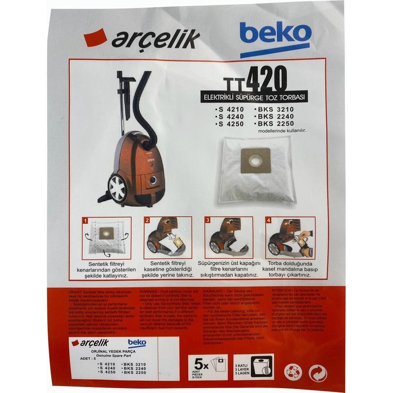 Arçelik S 4210,S 4240C,S 4250,TRB 6986 B Orjinal Elektrikli Süpürge Toz Torbası (5 Adet) - Piinti Fiyat Karşılaştırması