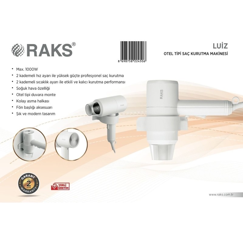 Raks Luiz 1000W Otel Tipi Saç Kurutma Makinesi - Yüksek Güç, Difüzör, Tek Hız Ayarı, İyon Teknolojisi ve Soğuk Hava Üfleme Fonksiyonu