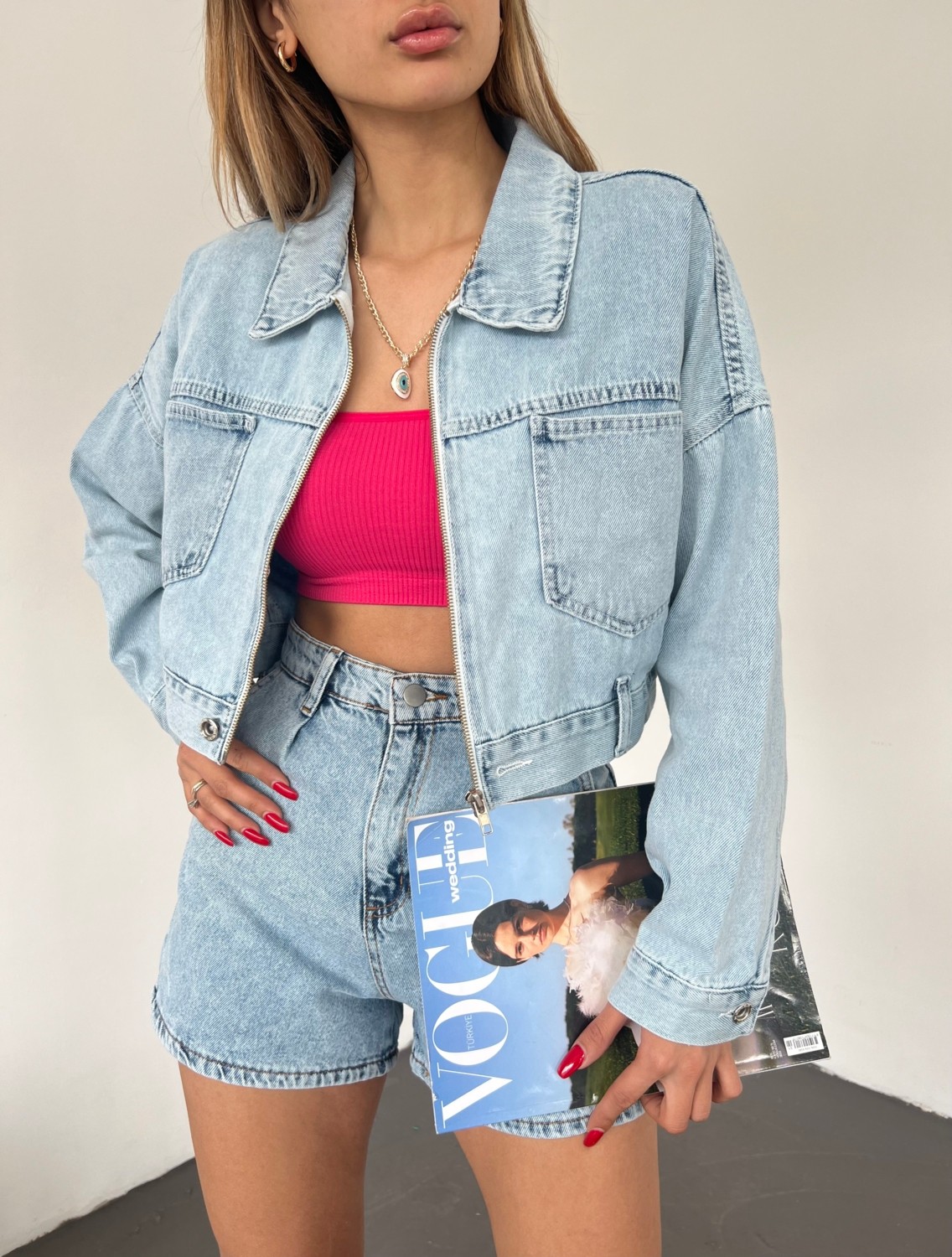 LB Laluna Butik Kadın Ekru Fermuarlı Crop Ceket Salaş Kesim %80 Pamuk Göğüs Cepli