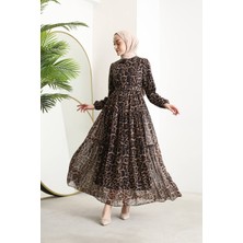 Neşeli Butik Kadın Kemerli Leopar Desenli Tesettür Şifon Elbise SMS014