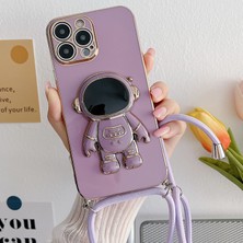 CoverZone iPhone 11  ile Uyumlu Ipli Boyun Askılı Astronot Figürlü Silikon Kılıf Pastel Renkli Epiphany Kılıf Mor