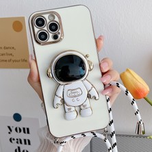 CoverZone Galaxy A12 ile Uyumlu Ipli Boyun Askılı Astronot Figürlü Silikon Kılıf Pastel Renkli Epiphany Kılıf Beyaz