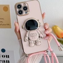 CoverZone Galaxy S22 Plus ile Uyumlu Ipli Boyun Askılı Astronot Figürlü Silikon Kılıf Pastel Renkli Epiphany Kılıf Pembe