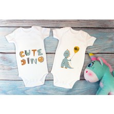 Tuğba Baby Özel Tasarım Sevimli Dinazor Baskılı Cute Dino 2'li Ikili Bebek Body Beyaz Badi Zıbın