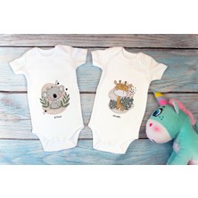 Tuğba Baby Özel Tasarım Lisanslı Sevimli Koala Zürafa Ikili Bebek Body Beyaz 2'li Bebek Badi Zıbın