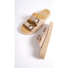 Modabuymus Marta Ten Rengi Hakiki Deri Çift Bantlı Kalın Taban Günlük Terlik