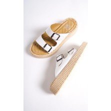 Modabuymus Marta Beyaz Hakiki Deri Çift Bantlı Kalın Taban Günlük Terlik