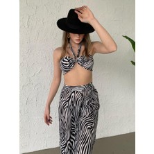 Foa Fashion Zebra Desen Straplez Bağlamalı Yüksek Bel Geniş Paça Tasarım Takım 0022