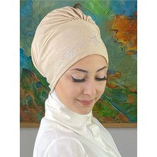 Butik Ambar Çiçek Model Gümüş Krem Taşlı Bone